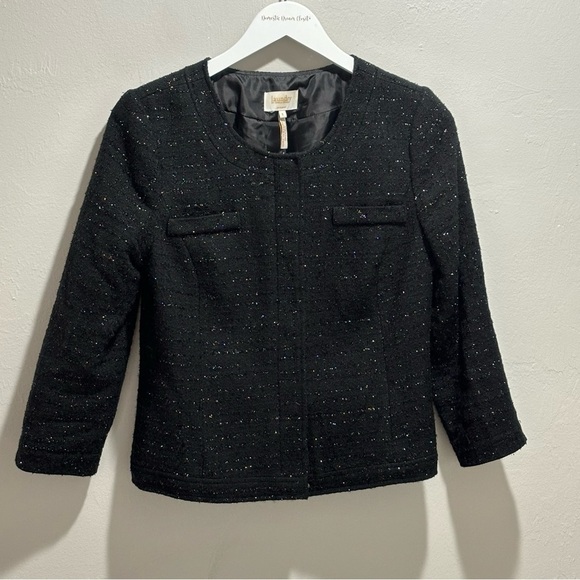 LAUNDRY SHELLI SEGAL Women’s Black Metallic Boxy Tweed 3/4 Sleeve Blazer Size 8 - Picture 1 of 8